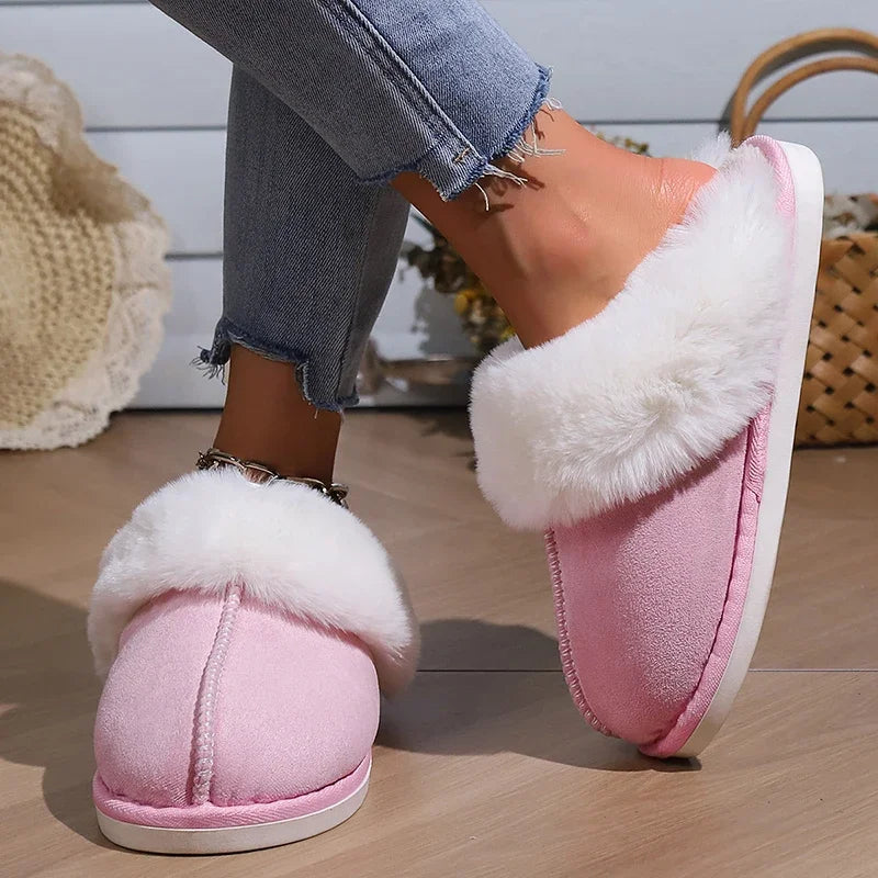 2025 Winter Warm Flat Fur Slippers Women Faux Suede  Slides Comfort Non Slip Indoor FloorCotton