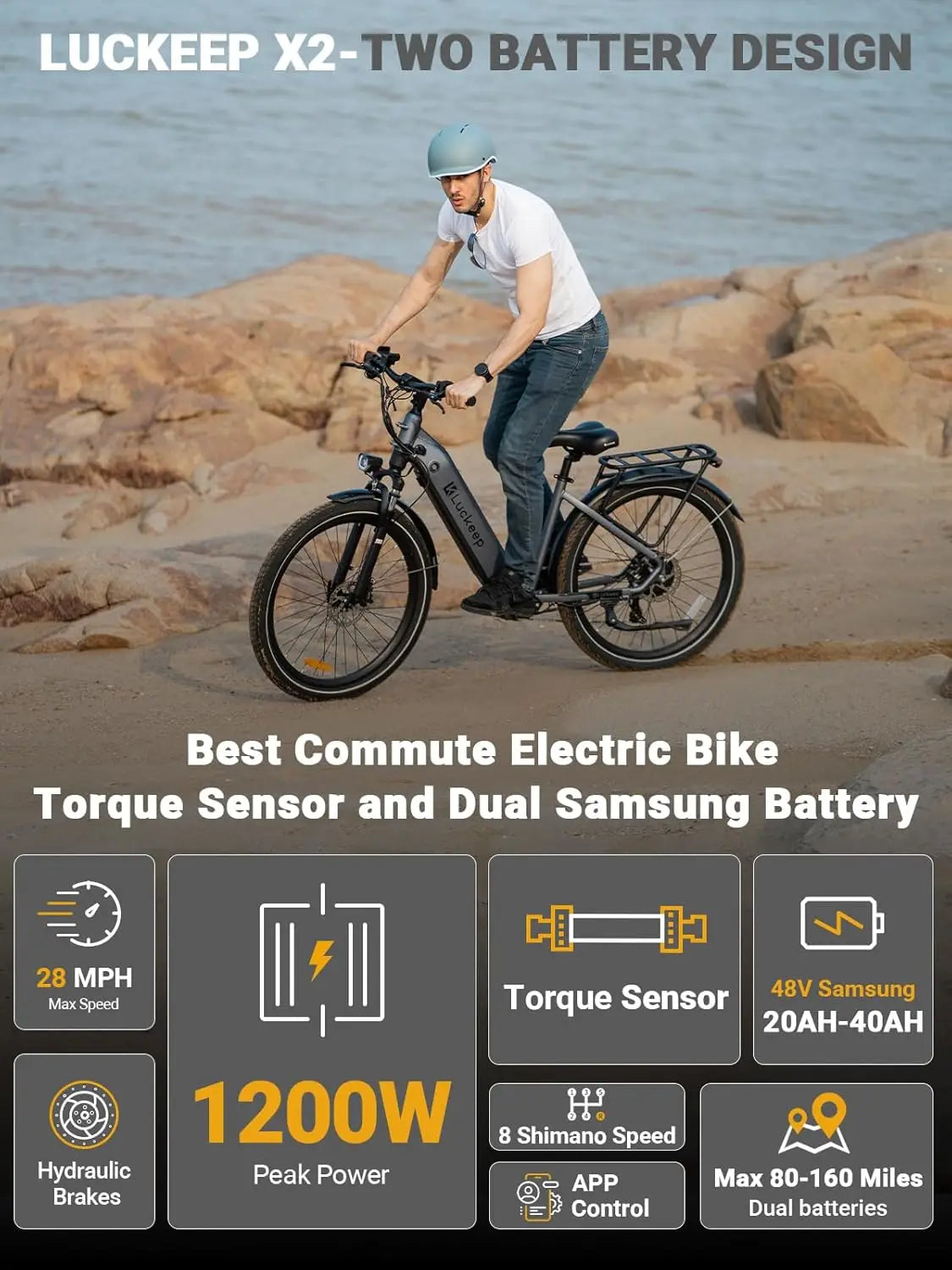 X2 [Torque Sensor] Electric Bike,1200W Peak,28MPH 80Miles,20AH, 26'',3.0'' Step-Thru Hydraulic Brake
