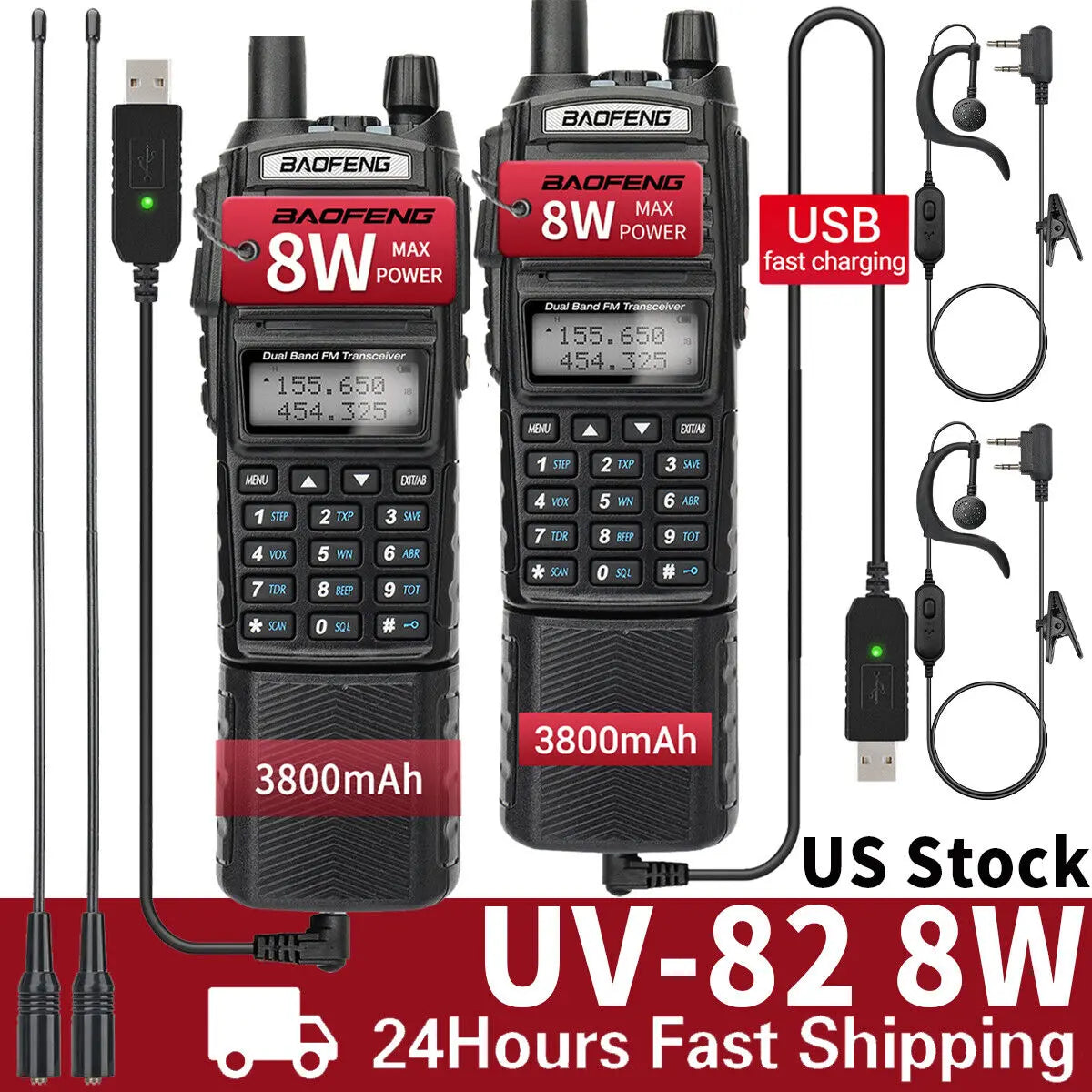 8W Walkie Talkie 3800mAh Battery UV82 Dual Band VHF UHF Long Range Emergency Ham Radio