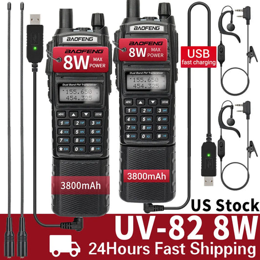 8W Walkie Talkie 3800mAh Battery UV82 Dual Band VHF UHF Long Range Emergency Ham Radio