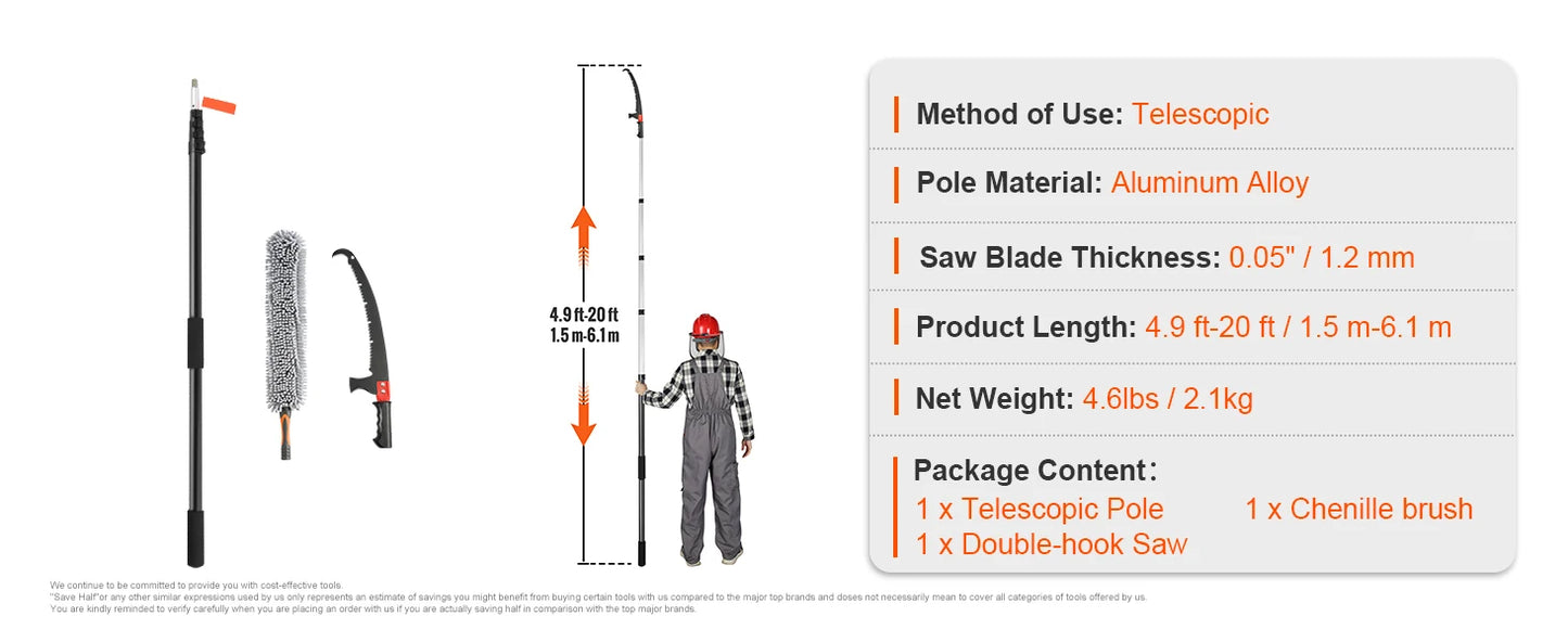 Manual Pole Saw Extendable Tree Pruner Sharp Steel Blade,Lightweight Aluminum Alloy Handle