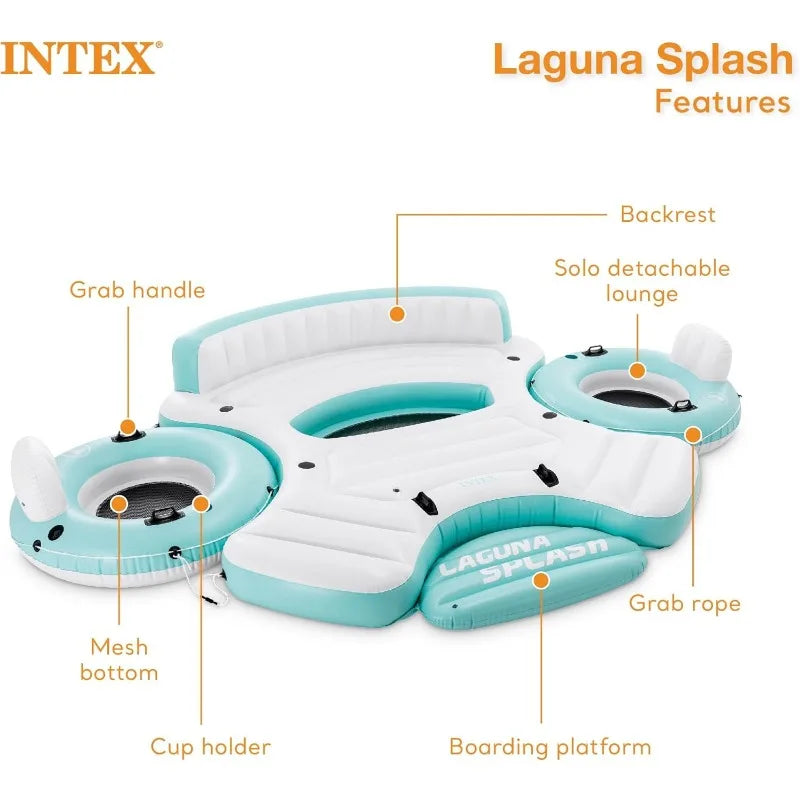 Laguna Splash Island Floating Water Raft, 2 Detachable Solo Lounge Tubes, Built-in Cupholders, Blue