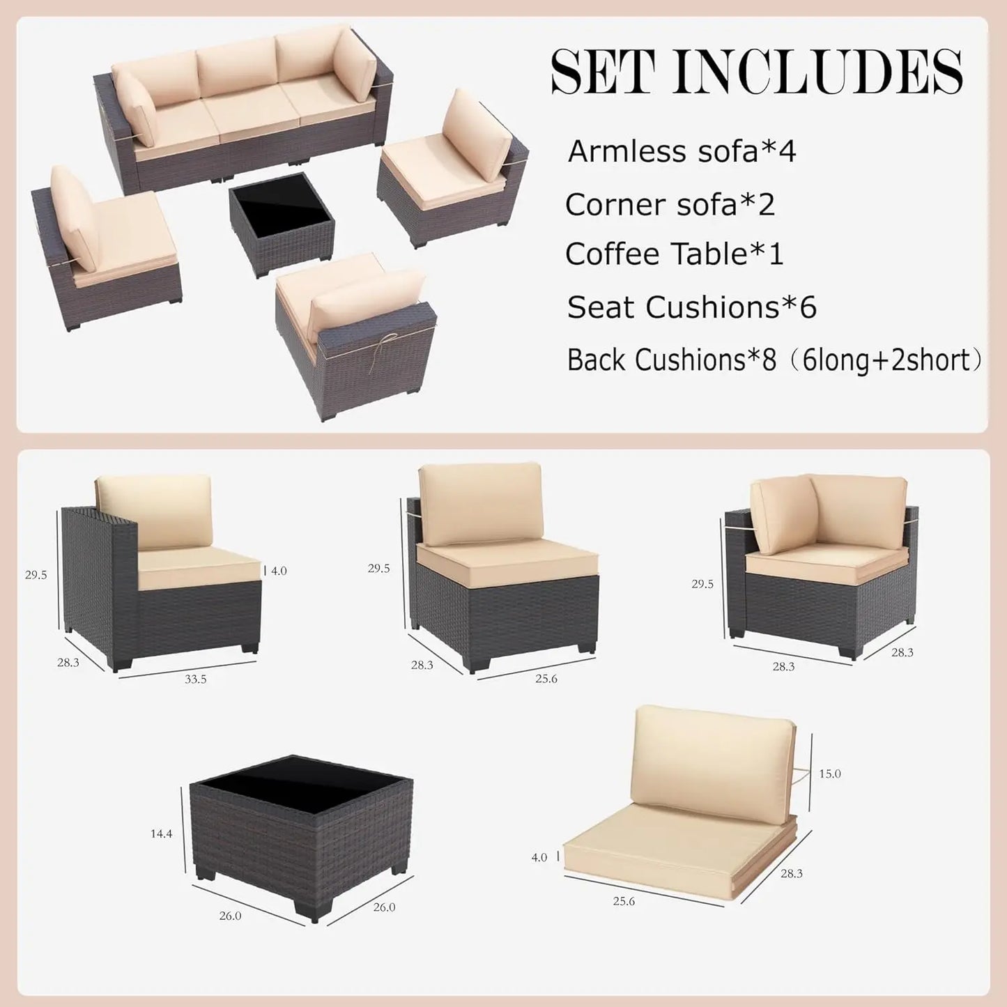 7 Pieces Patio Furniture Set, 4’’ Thick Cushions, All-Weather PE Rattan 29.5'' High Backrest