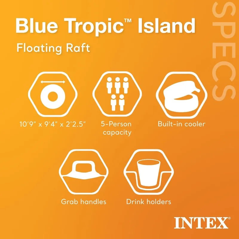Tropic Inflatable 5 Person Raft or Swimming Pool Island Water Lounger,Backrests, Built in Cooler