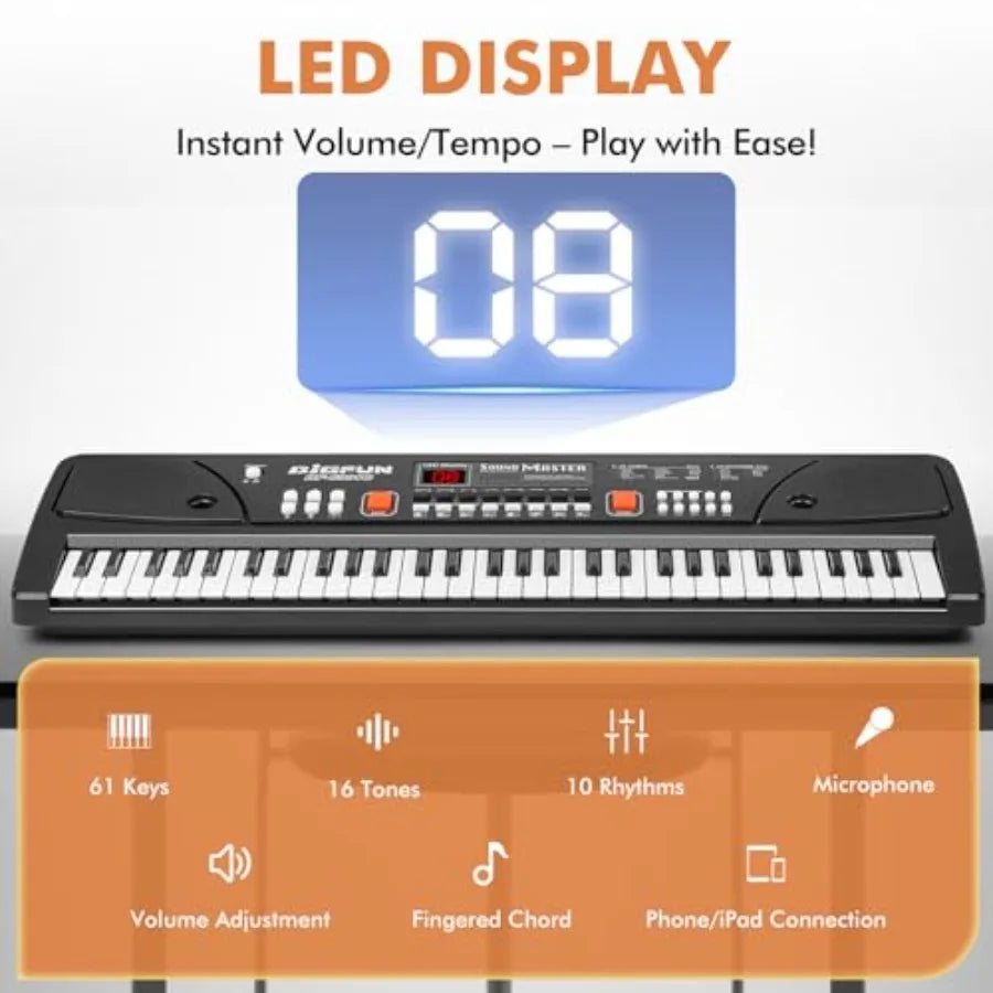 61Key Piano Keyboard, Beginners Rechargeable Electronic Music  Builtin Music Stand Microphone LED