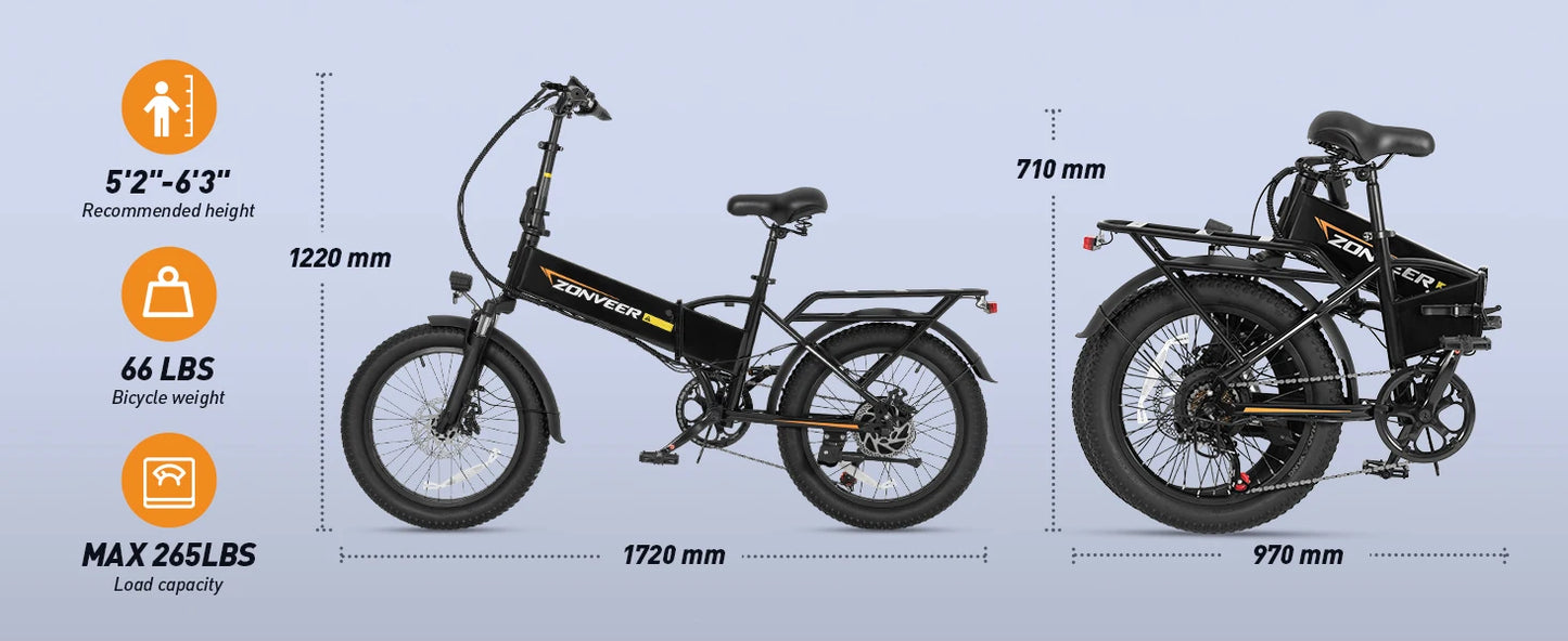A20 E-Bicycle 1200W Peak Motor 48V10.4AH Lithium Battery Electric Bike 20*3.0 Inch Fat Tire E-bike