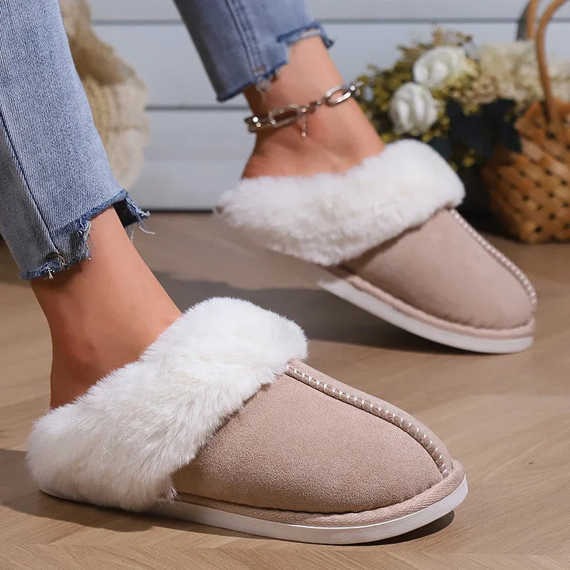 2025 Winter Warm Flat Fur Slippers Women Faux Suede  Slides Comfort Non Slip Indoor FloorCotton