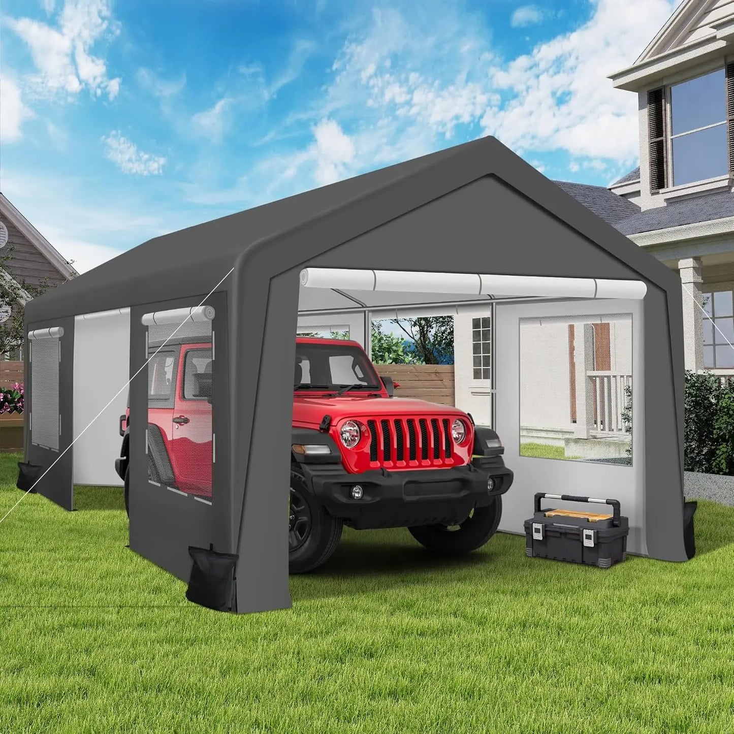 Heavy Duty Carport Tent - Portable Outdoor Canopy with Roll-up Side Doors & Windows, Portable Garage