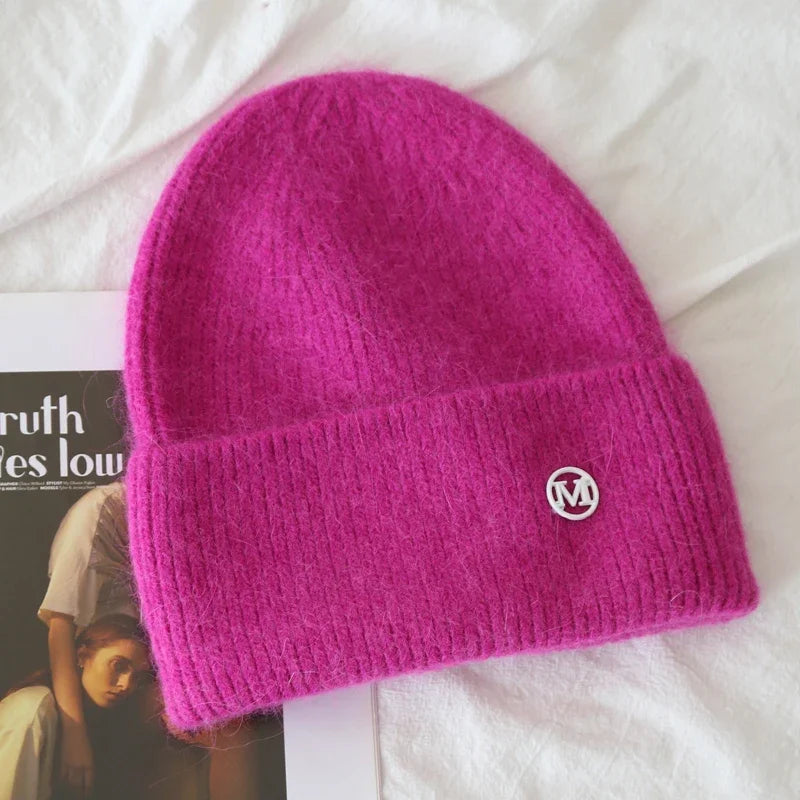 2024 Fluffy  Angora Hat Rabbit Fur Warm Winter Cashmere Wool Soft  Beanies Knitted Outdoor Female