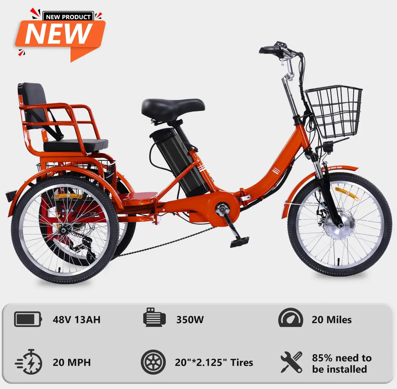 Two Seater E-Tricycle, Adults 48V-13Ah Folding,Motorized Trike w/Passenger seat, Customized