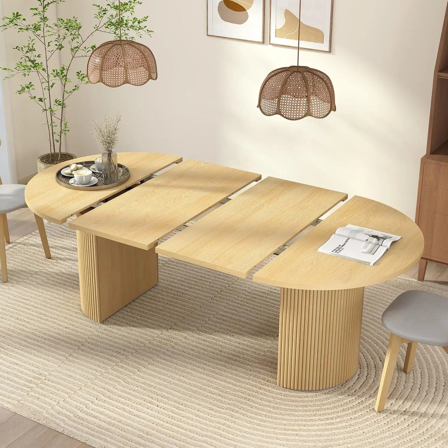 41 in-78 in Extendable Dining Room Table, 4-8, Round Expandable Table, Fluted Base, Modern Farmhouse