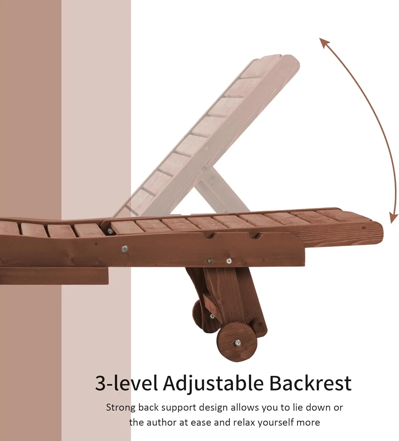 Adjust Chaise wooden Lounge Built-in Table & Wheels, Outdoor Poolside Sunbathing, Brown Red