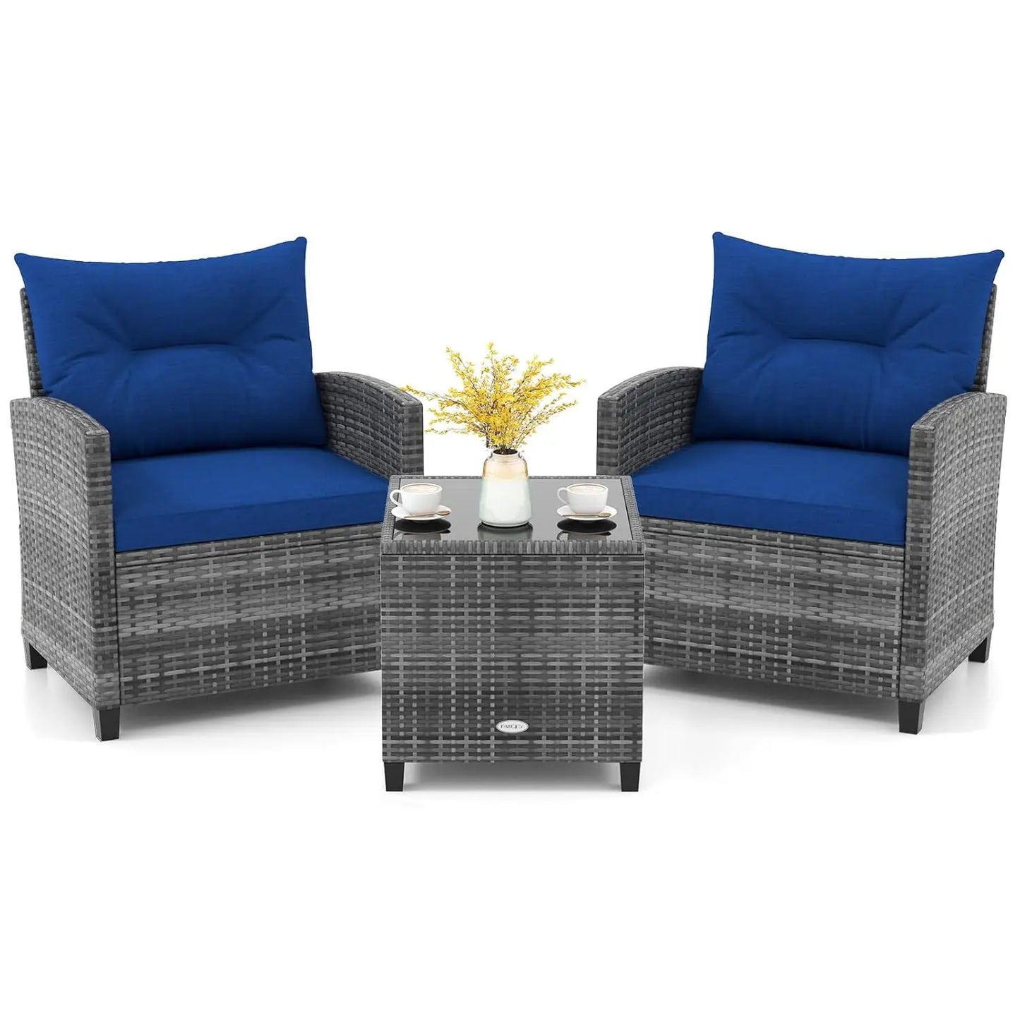 3 Piece Furniture Set, Outdoor Rattan Conversation Set Washable Cushions & Tempered Glass Tabletop