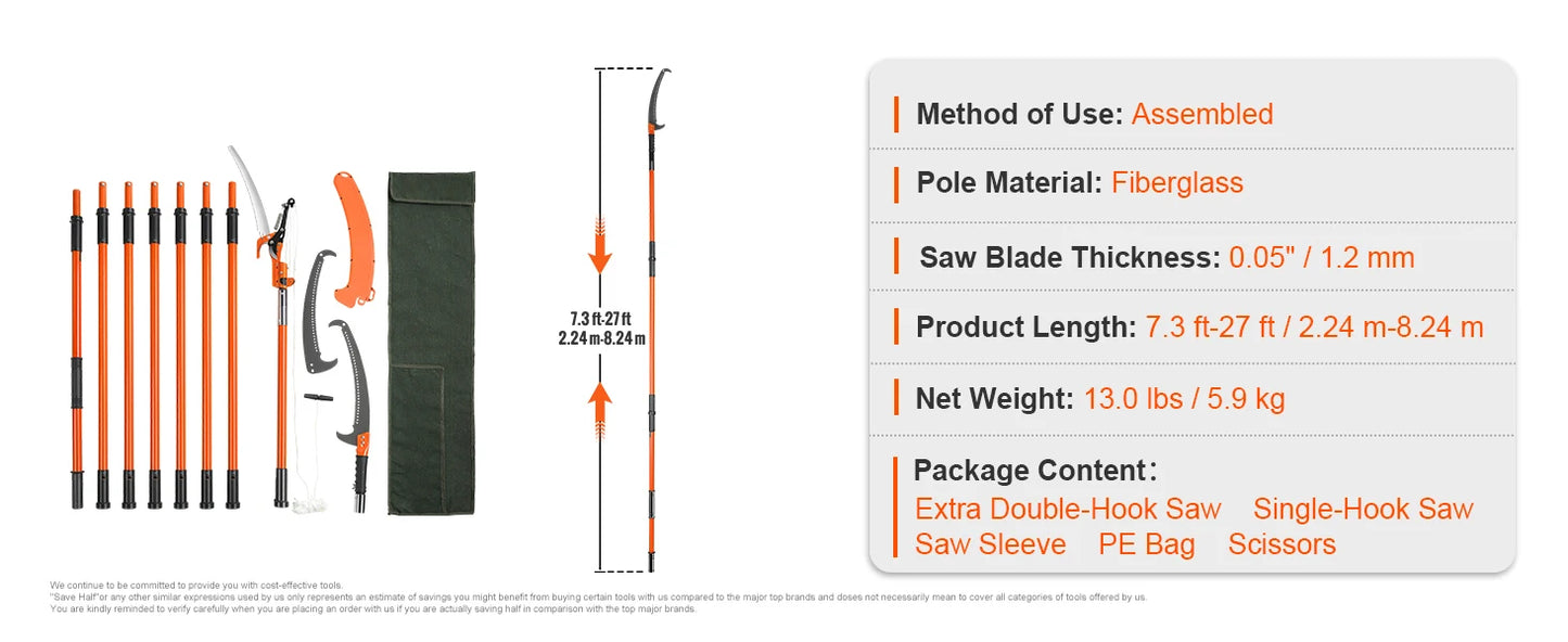 Manual Pole Saw Extendable Tree Pruner Sharp Steel Blade,Lightweight Aluminum Alloy Handle