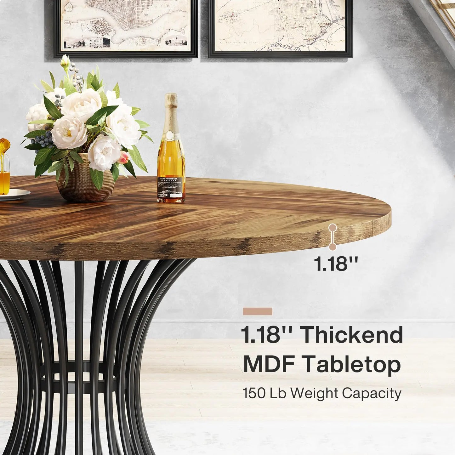 Round Indoor Dining Table for 4-6 People, 47-Inch Farmhouse Kitchen Table, Industrial Dinner Table