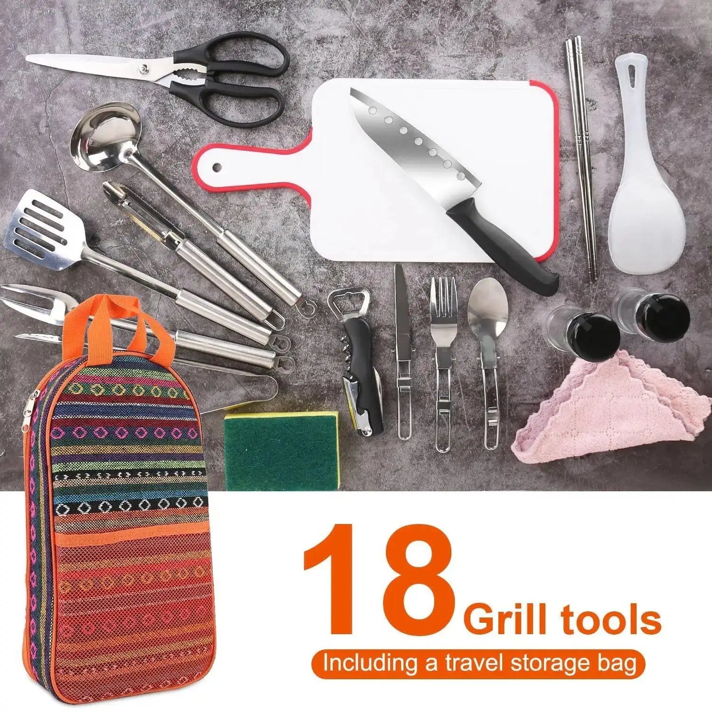19pcs camp cooking kit Portable picnic cookware Outdoor kitchen Gear campfire BBQ kit w\storage bag