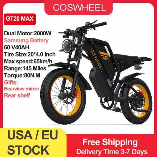 Coswheel Electric bike, Adult 2000W 60V Off-Road Motorcycle Mountain  20Inch Fatbike tires