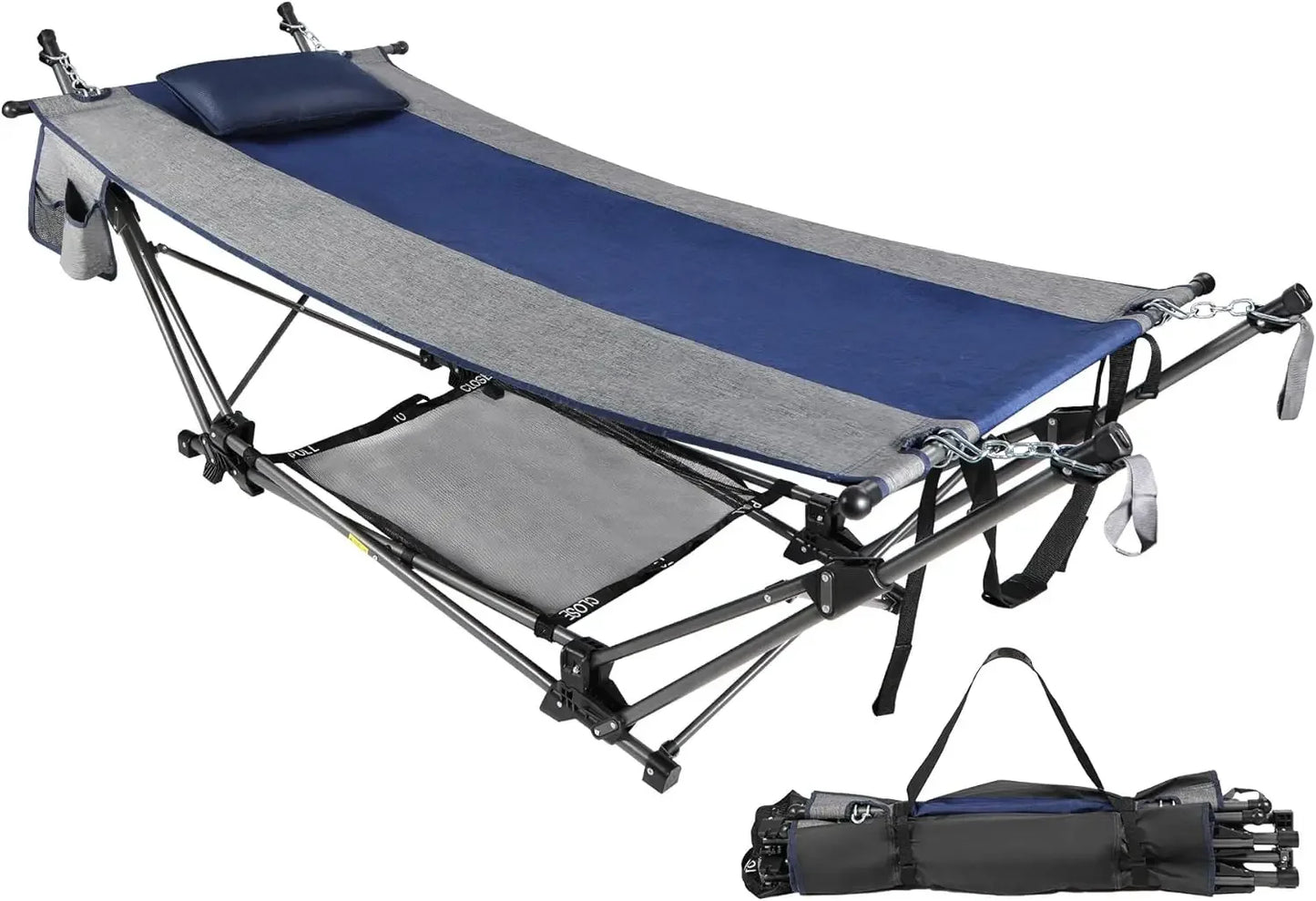 Folding Hammock, Removable Canopy,Pillow, Freestanding, Collapsible Stand for Outdoor Yard Beach