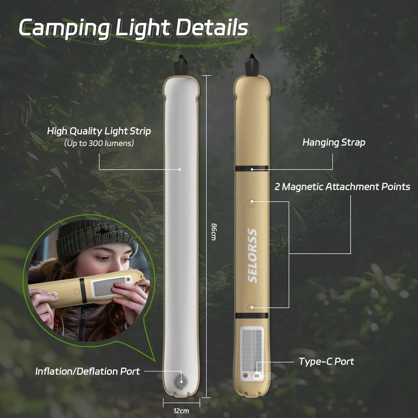 Solar Camping Lantern 2000mAh Folding Waterproof 3 Warm Light,Hiking Camping Fish USB-Type C