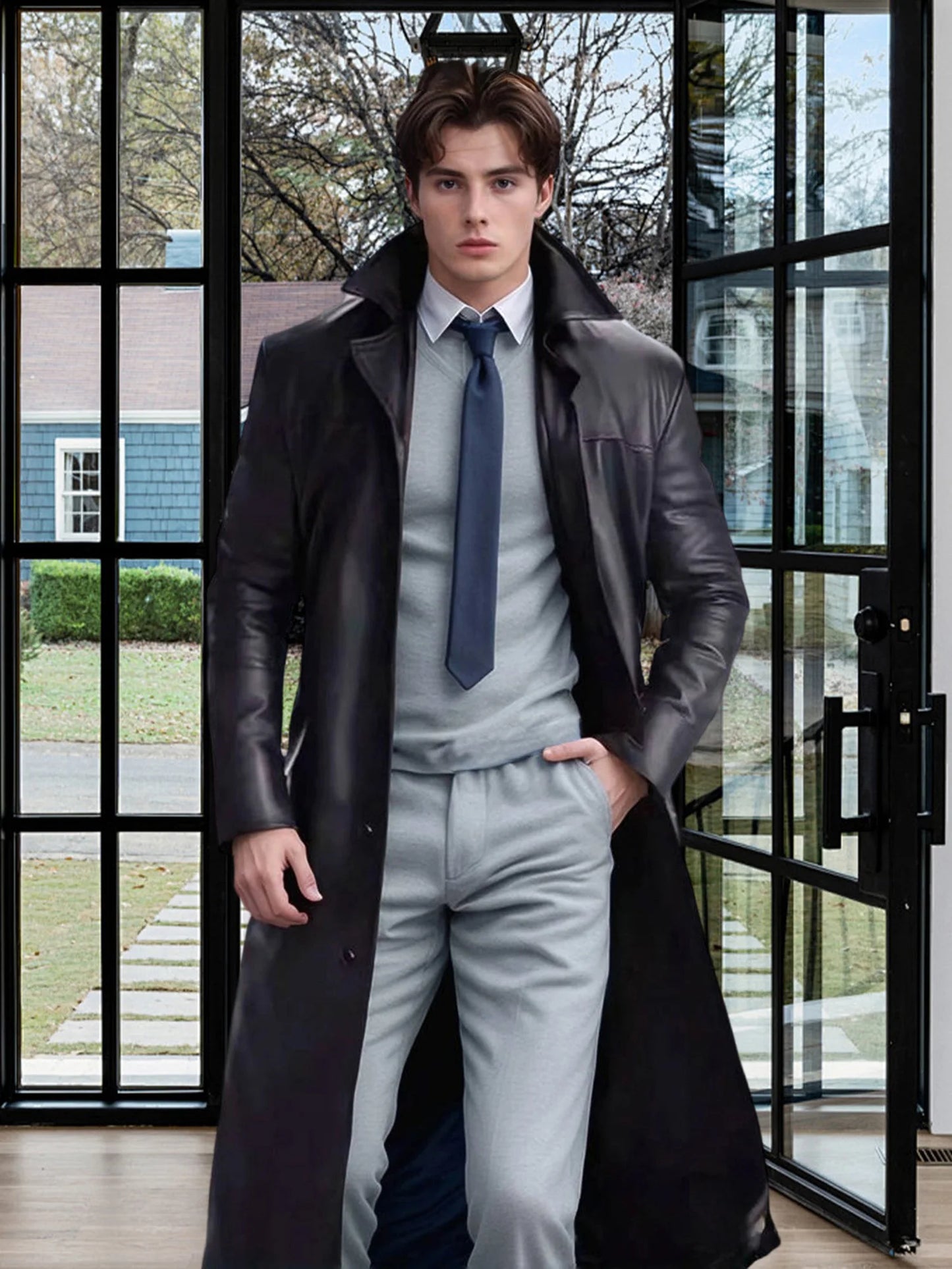 Men s Faux Leather Jacket Classic Lapel Collar Long Sleeve Button Closure Windproof Fall Winter