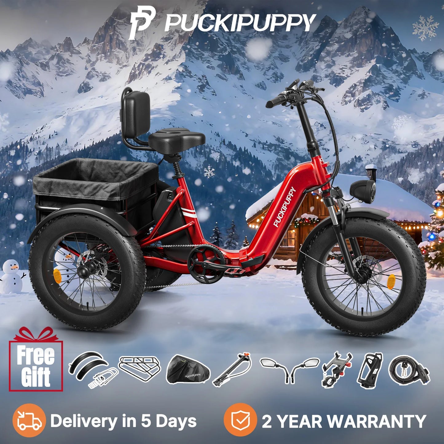 Husky Electric Trike, Adult 960W Peak Motor 60 Miles Range, 500 Lbs Load E-Trike 2-Year Warranty