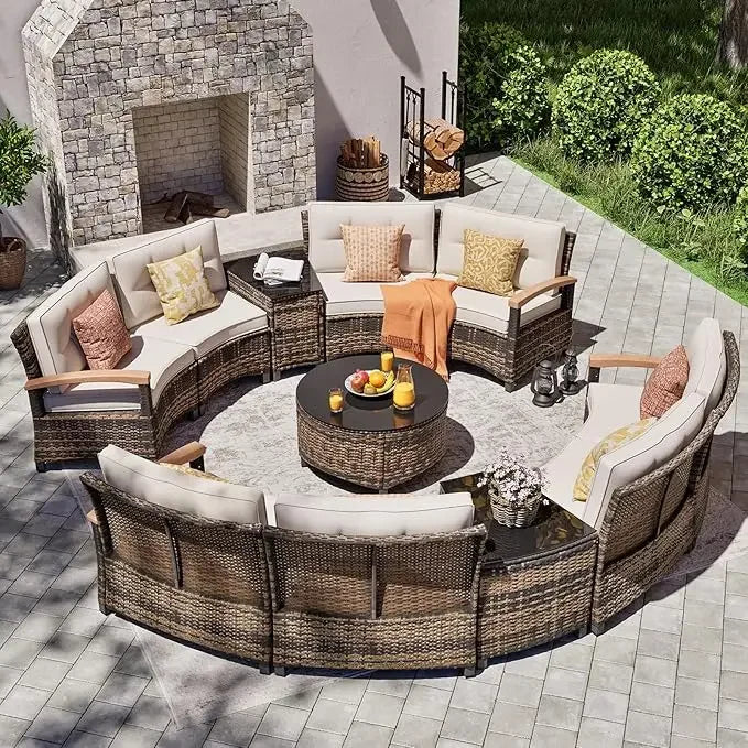 9 Piece Outdoor Patio Furniture Set, Half-Moon Curved Sectional Sofa Rattan Patio Conversation