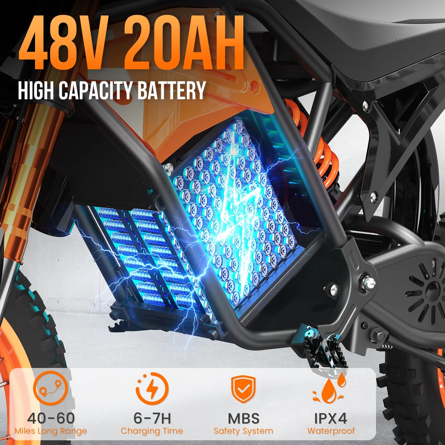 48V E-Dirt Bike, Adults, 3000W Peak Power,14"/12" Fat Tire, 37.5MPH 60 Miles Range