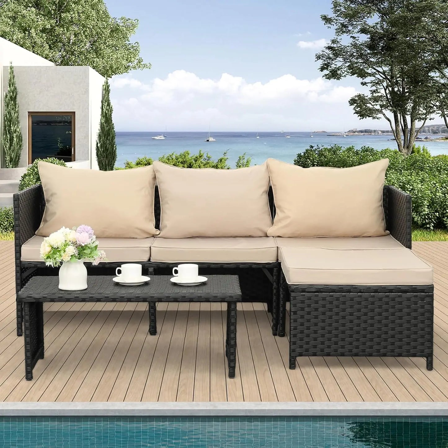 3-Piece Outdoor PE Rattan Furniture Set Black Wicker Loveseat Sofa Sectional Couch Khaki Cushions