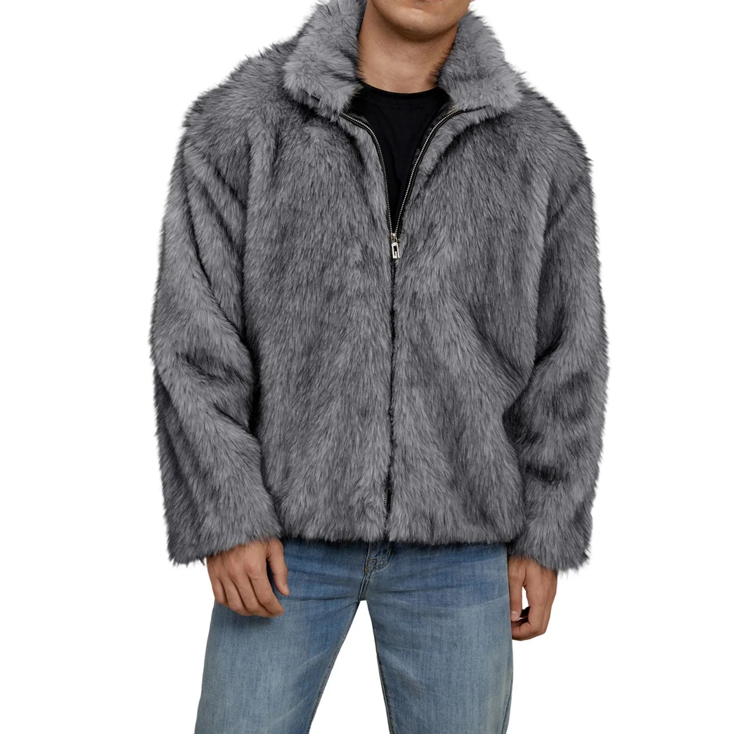Men s Faux Fur Jacket Winter Thick Long Sleeve Stand Collar Loose Zip Up Warm Outwear Windbreaker