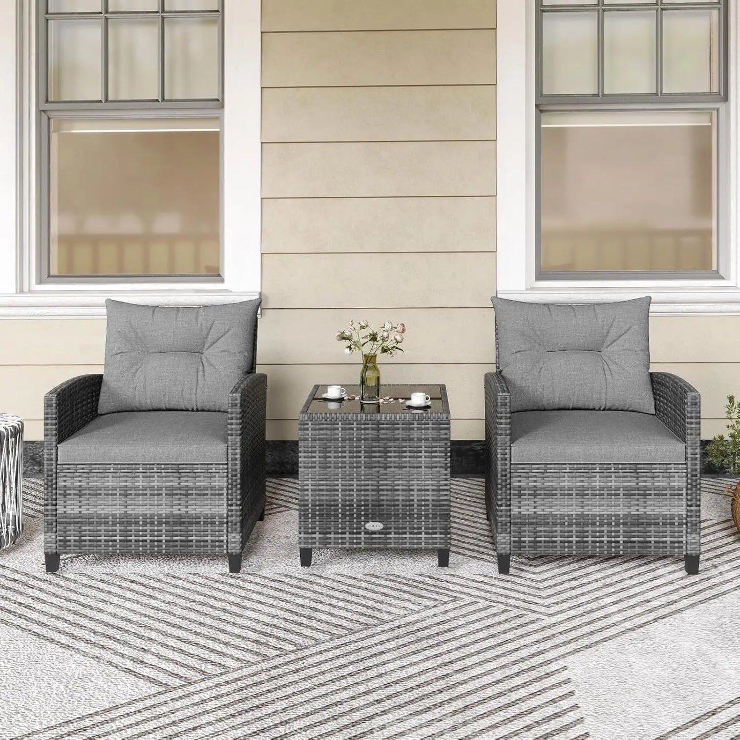 3 Piece Furniture Set, Outdoor Rattan Conversation Set Washable Cushions & Tempered Glass Tabletop