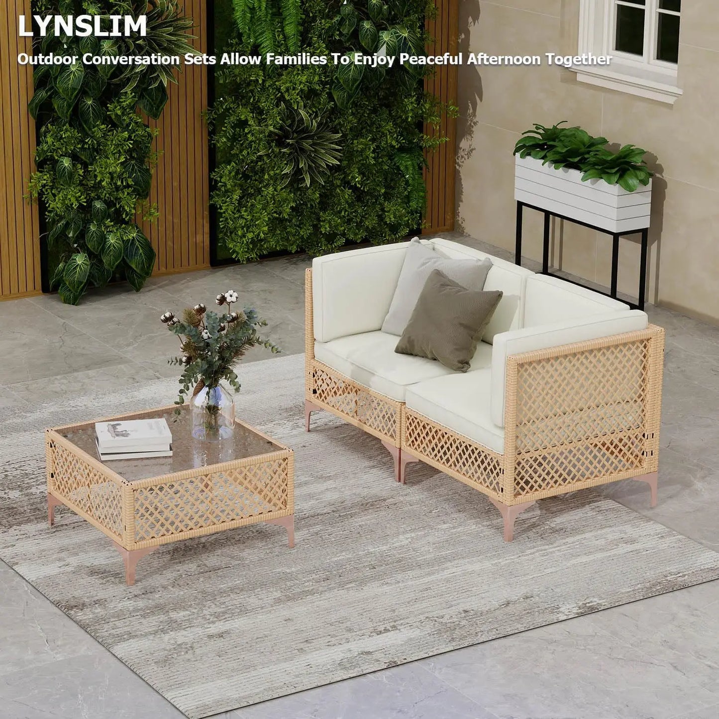 Outdoor Patio Set, Wicker Sectional Sofa with Glass Coffee Table & Waterproof Cushions (3-Piece)