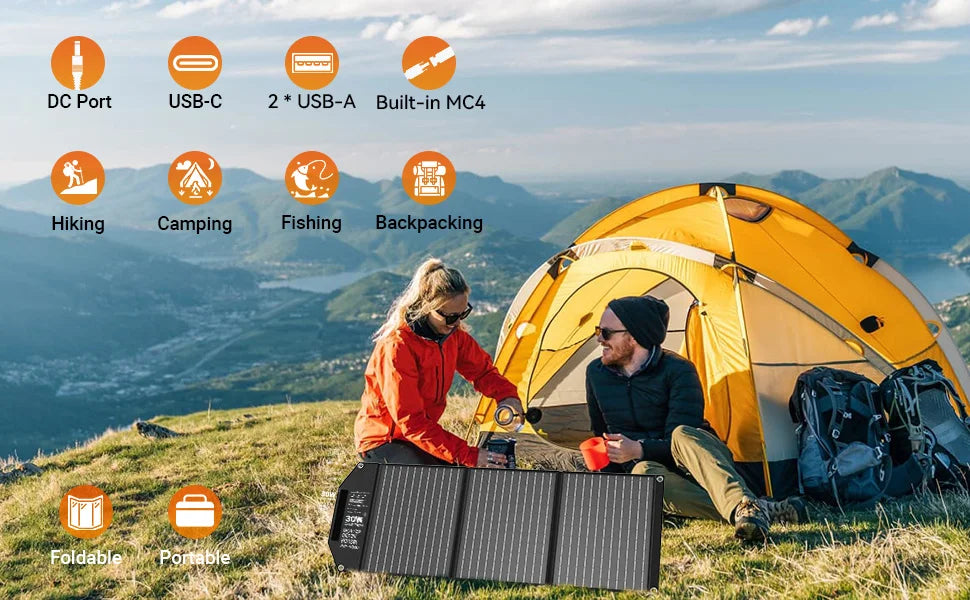 30W Solar Charger, Foldable Solar Panel with 18V MC4, Dual USB-A (QC3.0), & USB-C (PD18W) Ports