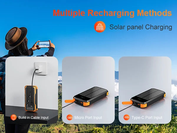 Solar-Power-Bank-Charger, 40000mAh Portable Phone Charger Built in 4 Cables /Output, PD 20W Fast