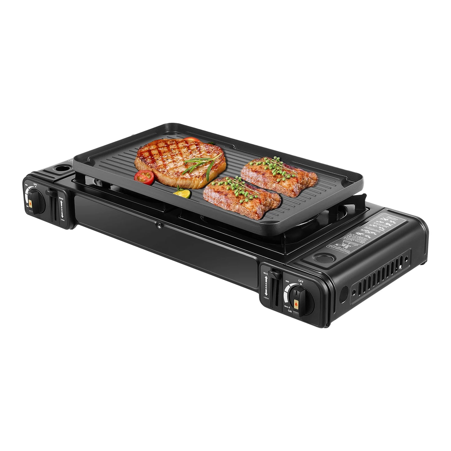 Butane Camping Stove W/ 2 Burners ignition Stove Grill Tray Picnic Cooker Stove Frying Pan
