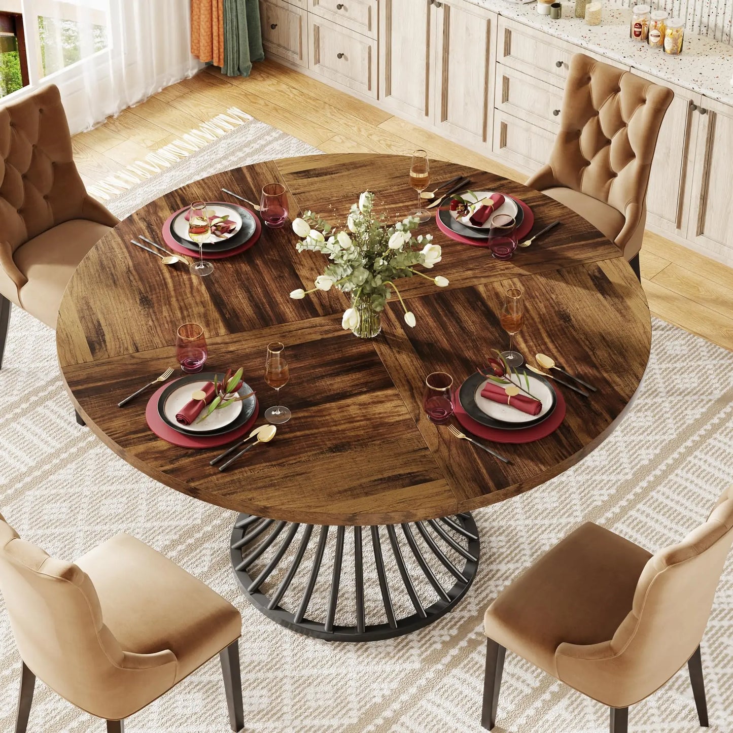 Round Indoor Dining Table for 4-6 People, 47-Inch Farmhouse Kitchen Table, Industrial Dinner Table