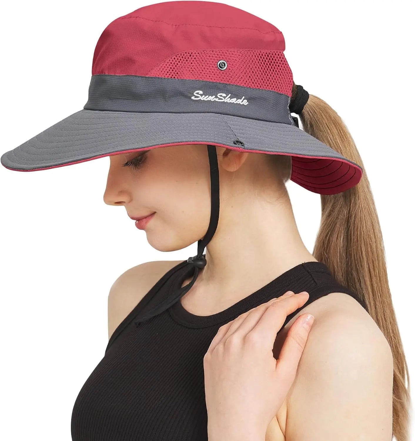 Ponytail sun hat for women with wide brim UPF 50+ fishing and beach