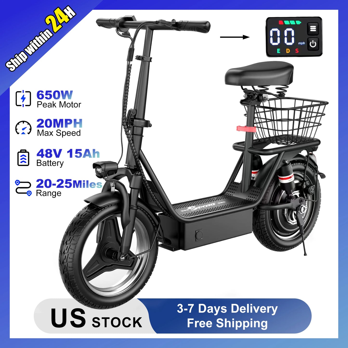 E-Scooter Adults,650W Peak Motor,48V15AH Battery, Seat,Up to 20MPH,25Miles Long Range,With Basket