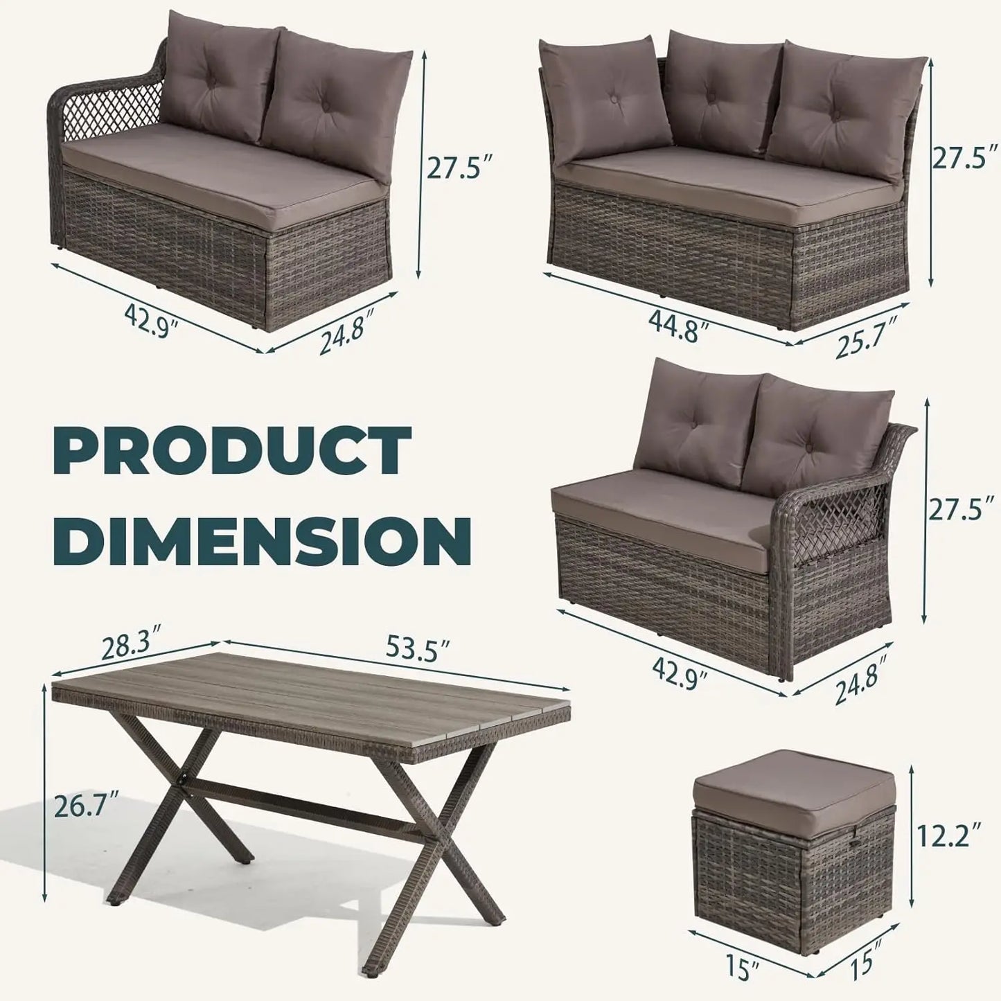 7 Pieces Patio  Dining Set, Patio Dining Sets with HDPE Table & Chairs, Ottamans for Garden, Deck