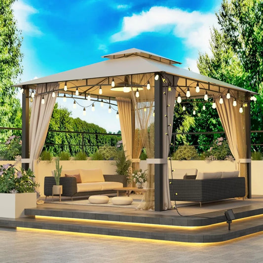 Patio Gazebo 10x12, Heavy Duty Soft Top Gazebos, Double Roofs, Anti-UV  Privacy Curtains & Netting