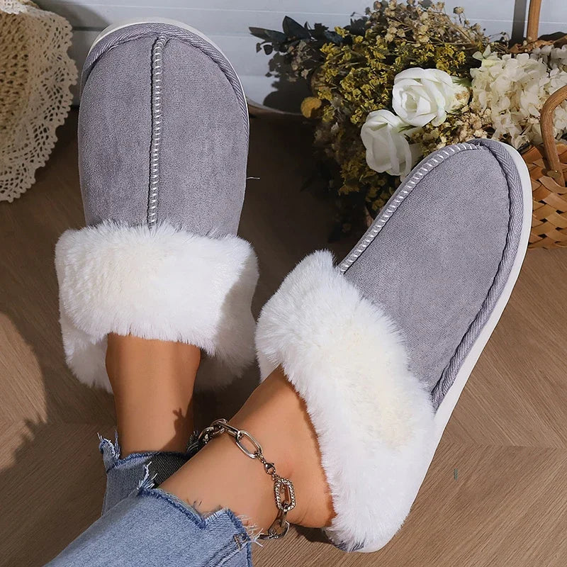 2025 Winter Warm Flat Fur Slippers Women Faux Suede  Slides Comfort Non Slip Indoor FloorCotton