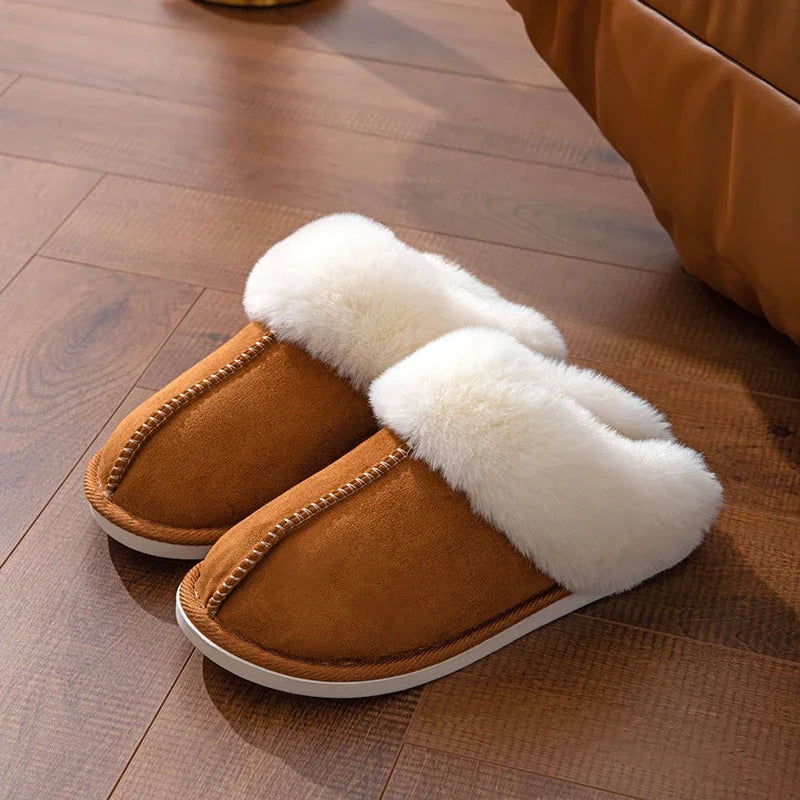 2025 Winter Warm Flat Fur Slippers Women Faux Suede  Slides Comfort Non Slip Indoor FloorCotton