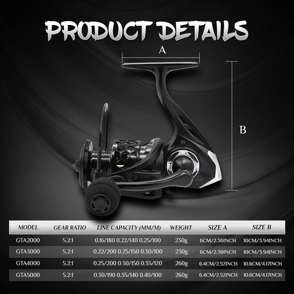 GTA2 Spinning Reel - 5+1 Bearings, 5.2:1 Gear Ratio, 15LB Drag Force, Metal Body, Anti-Reverse