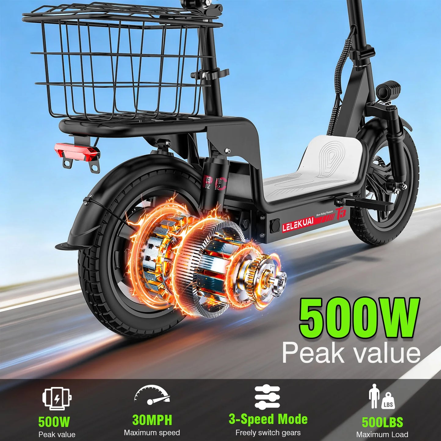 E-Bike, 500W48V15AH, 30MPH 14 inch E-Bike, 500lbs Load-bearing Multiple Shock Absorbers, Basket