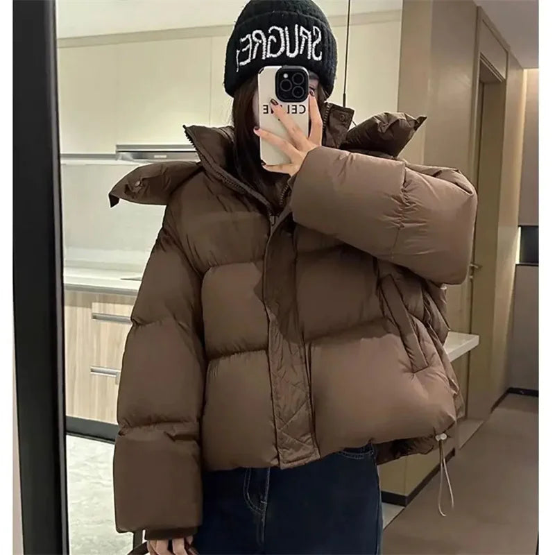 Ladies Short Down Cotton Jacket  Warm Down Cotton Parkas New Fashion Hooded Loose Lady Bread Coats