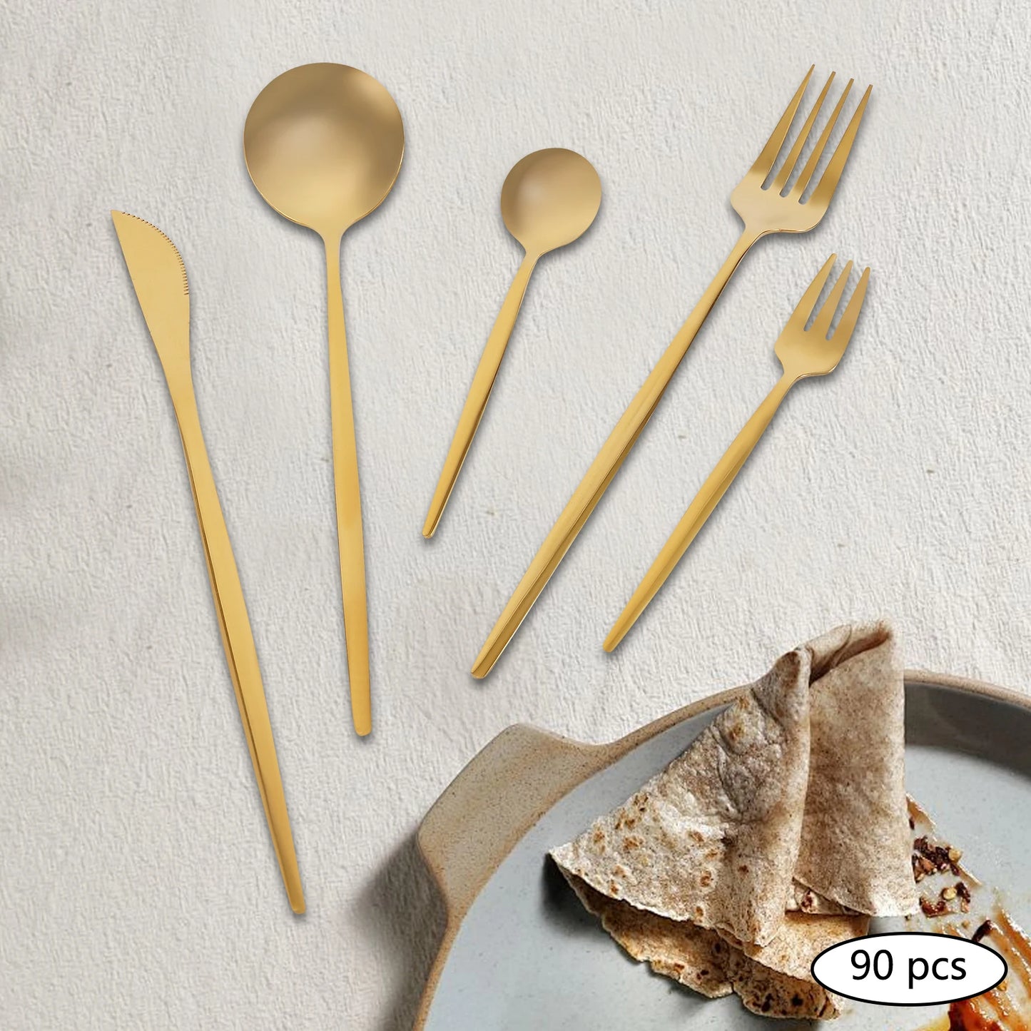 90 Pcs Gold Flatware Set Stainless Steel Utensil Kitchen Tableware Forks Knives Spoons Cutlery