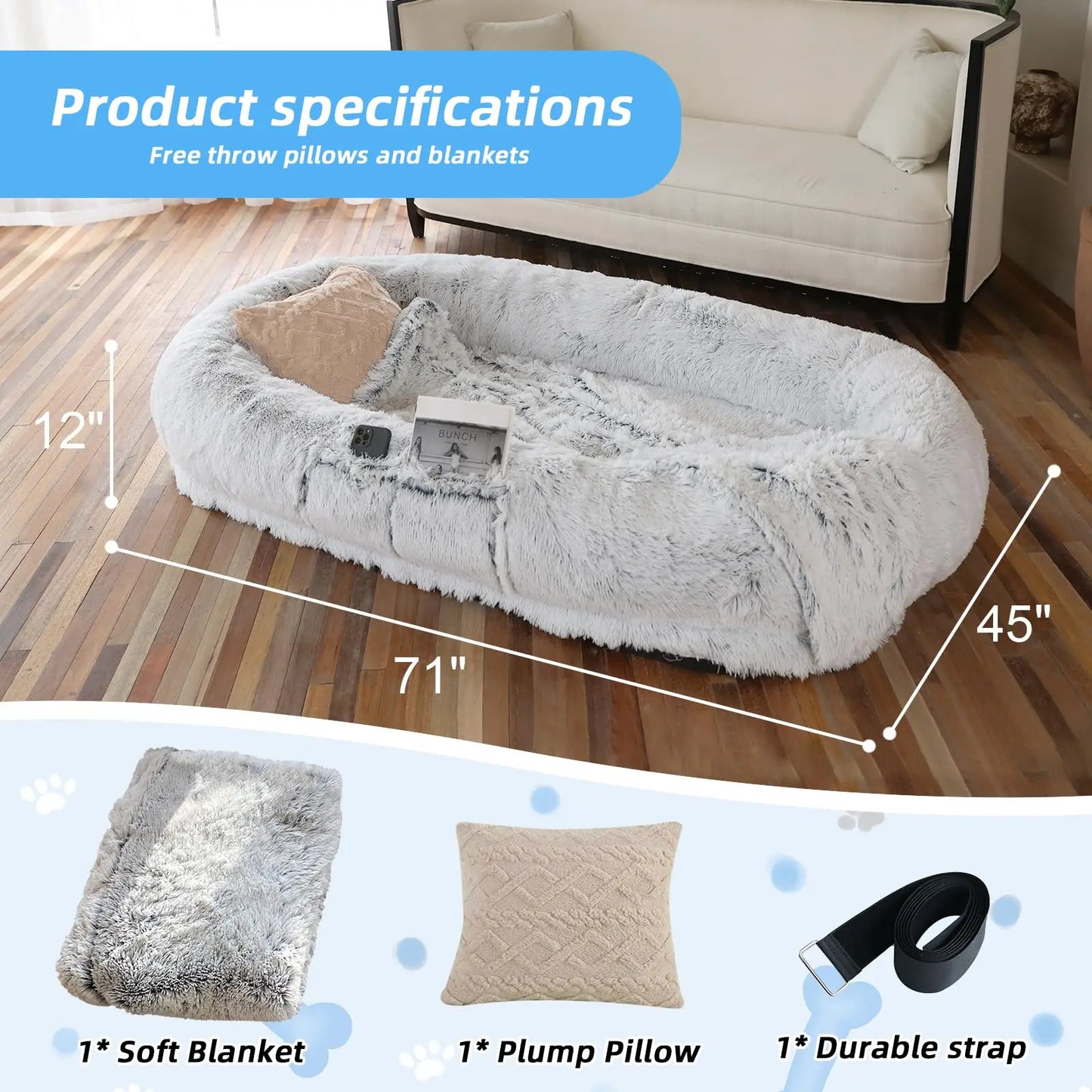 Human Dog Bed, 71''x45''x12'' Size Fits You  Washable Faux Fur Doze Off, Napping Orthopedic