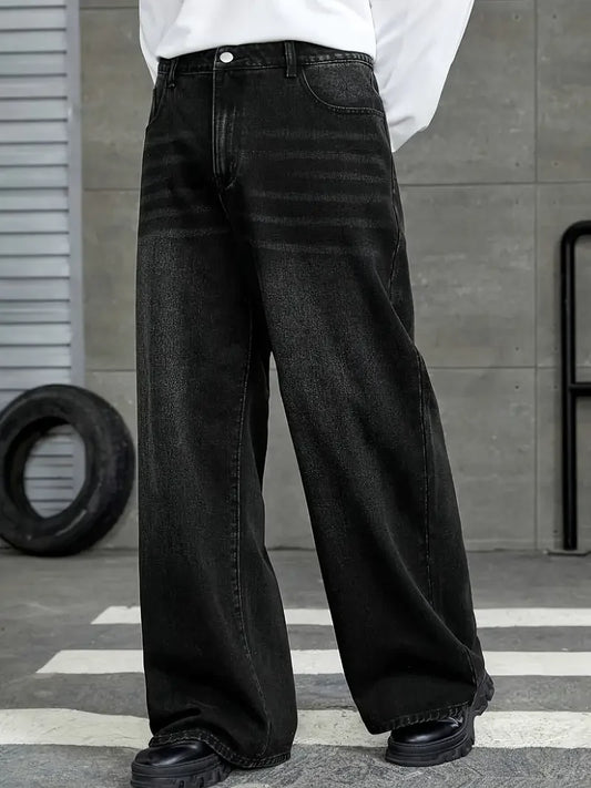 Men'S Loose Fit Black Denim Wide Leg Jeans, Raw Wash Detail - Comfortable, Versatile All-Season Wear