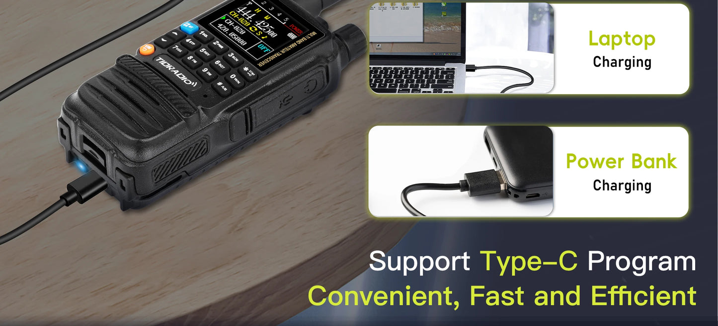 Walkie Talkie Phone APP Wireless Program HAM Air Band Long Range Radio USB Type-C Cable Prog/Charge