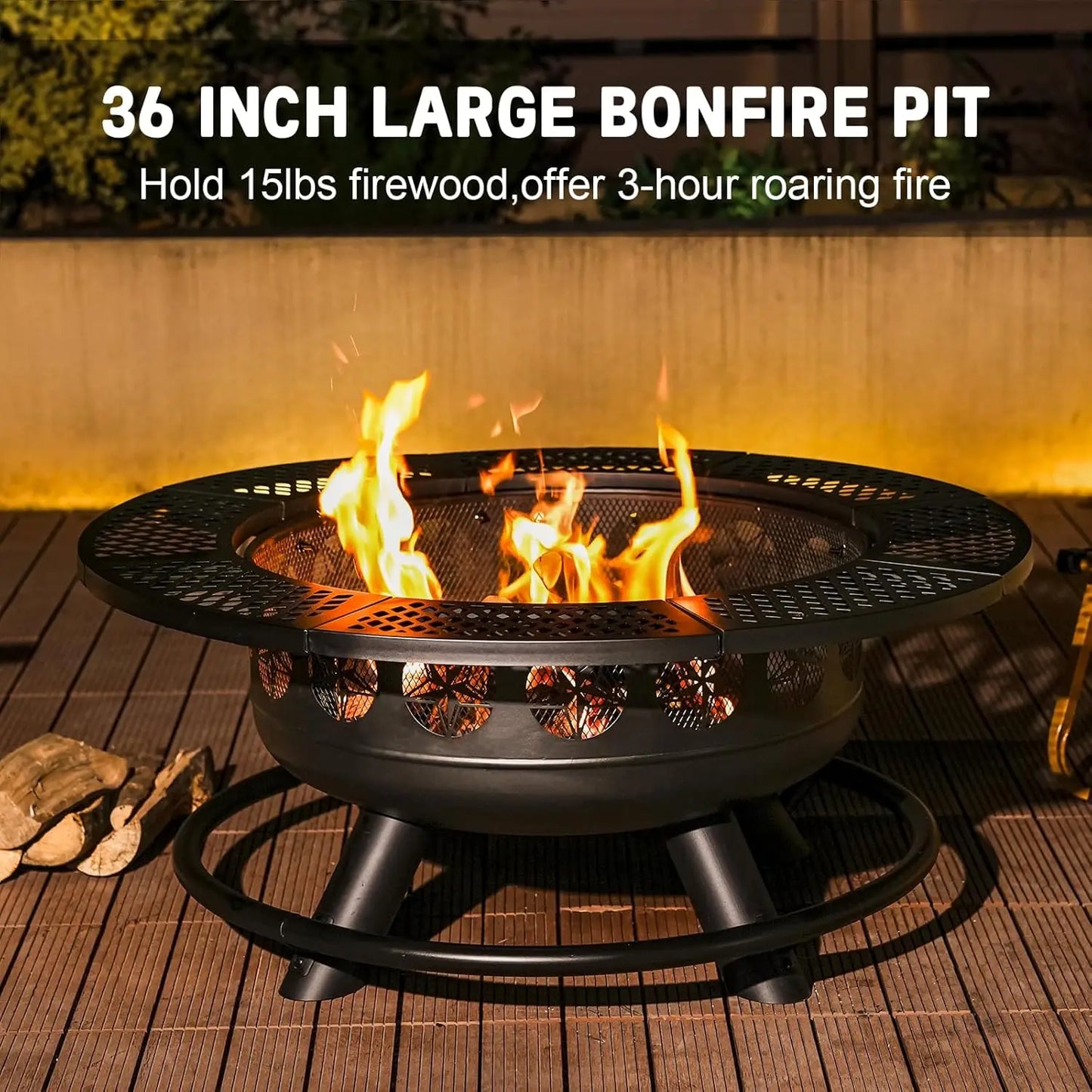 36 Inch Fire Pit,2 Cooking Grills,Outdoor Wood Burning BBQ Firepit with Lid, 3-in-1 Fire Pit