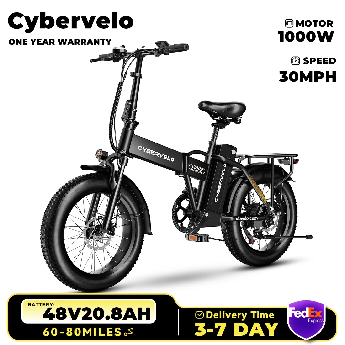 1000W Folding Electric Bike, 48V 20AH Large Removable Battery,30+MPH, 80 Mi Max Range, 20" Fat Tire